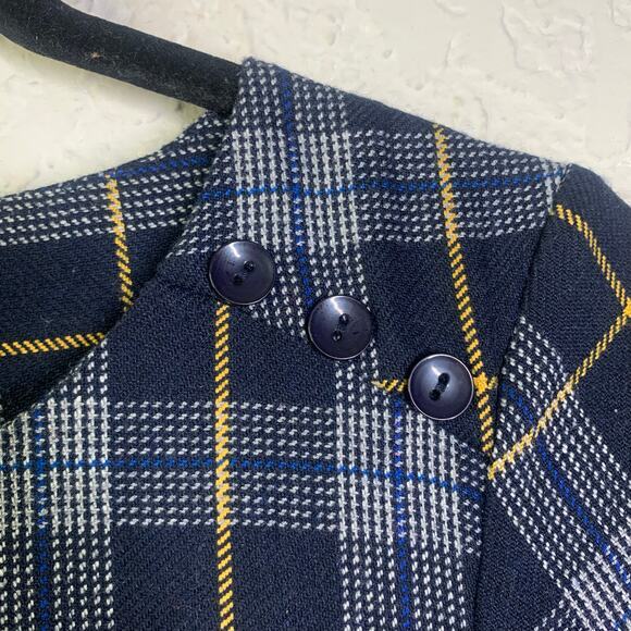 LAURA ASHLEY Dress 8 Shift Plaid Navy Checked Wool Front Pockets Keyhole Closure - Picture 9 of 16